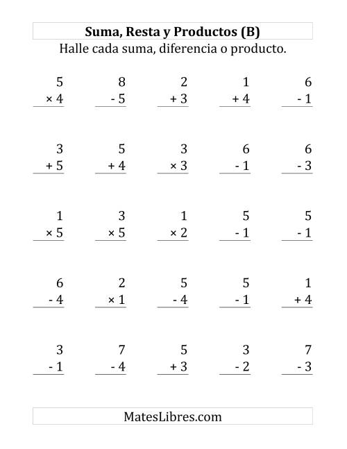 La hoja de ejercicios de 25 Ejercicios de Suma, Resta y Multiplicación (de 1 a 5) (B)