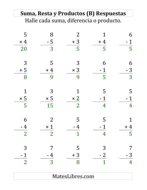 La hoja de ejercicios de 25 Ejercicios de Suma, Resta y Multiplicación (de 1 a 5) (B) Página 2