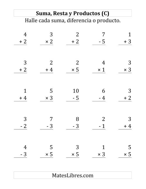La hoja de ejercicios de 25 Ejercicios de Suma, Resta y Multiplicación (de 1 a 5) (C)