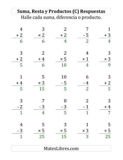 La hoja de ejercicios de 25 Ejercicios de Suma, Resta y Multiplicación (de 1 a 5) (C) Página 2