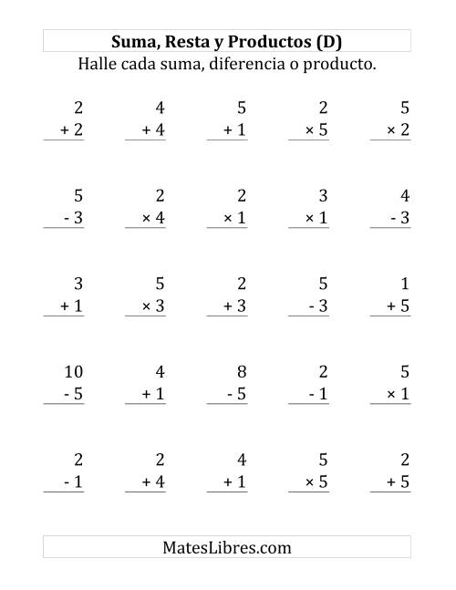 La hoja de ejercicios de 25 Ejercicios de Suma, Resta y Multiplicación (de 1 a 5) (D)