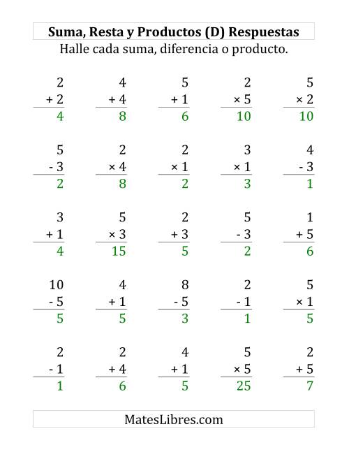 La hoja de ejercicios de 25 Ejercicios de Suma, Resta y Multiplicación (de 1 a 5) (D) Página 2