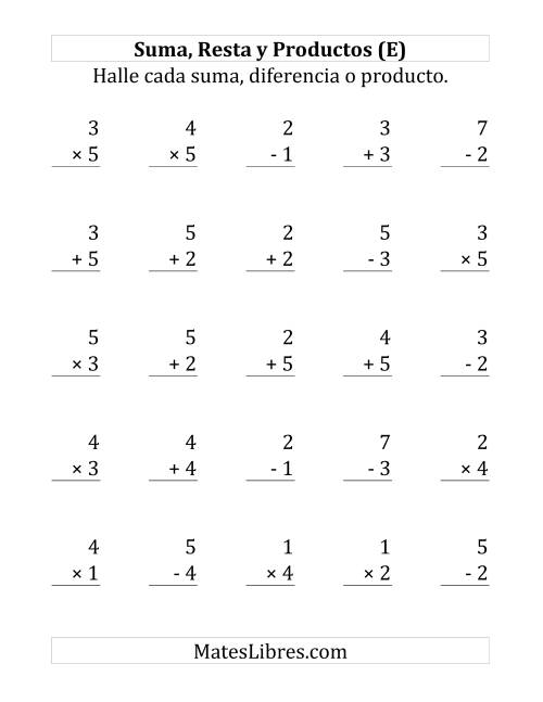 La hoja de ejercicios de 25 Ejercicios de Suma, Resta y Multiplicación (de 1 a 5) (E)