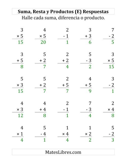 La hoja de ejercicios de 25 Ejercicios de Suma, Resta y Multiplicación (de 1 a 5) (E) Página 2