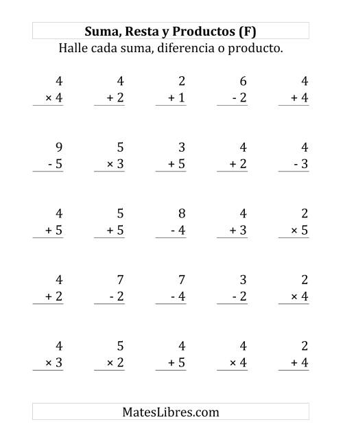 La hoja de ejercicios de 25 Ejercicios de Suma, Resta y Multiplicación (de 1 a 5) (F)