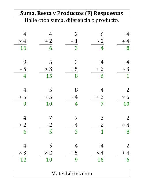 La hoja de ejercicios de 25 Ejercicios de Suma, Resta y Multiplicación (de 1 a 5) (F) Página 2
