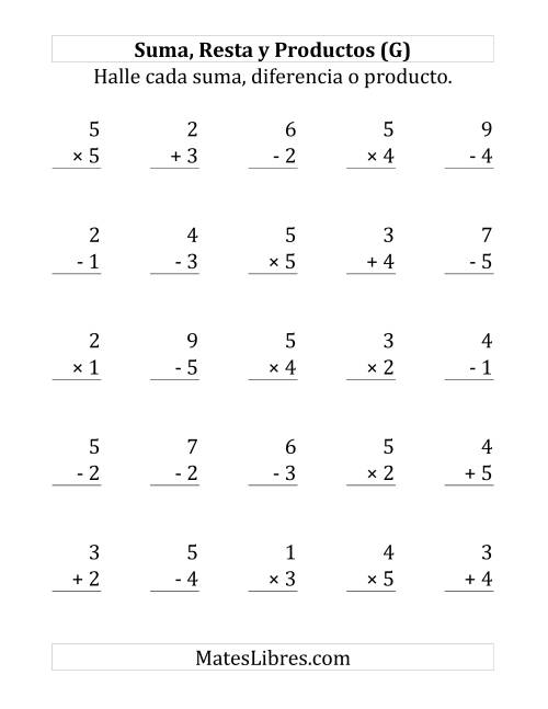 La hoja de ejercicios de 25 Ejercicios de Suma, Resta y Multiplicación (de 1 a 5) (G)