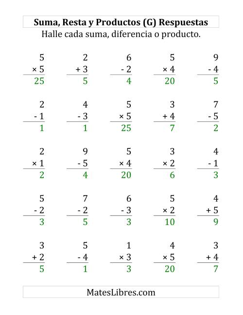 La hoja de ejercicios de 25 Ejercicios de Suma, Resta y Multiplicación (de 1 a 5) (G) Página 2