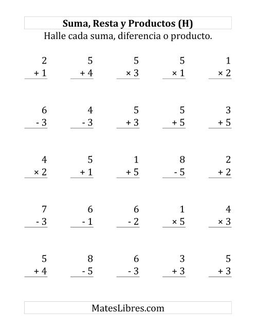 La hoja de ejercicios de 25 Ejercicios de Suma, Resta y Multiplicación (de 1 a 5) (H)