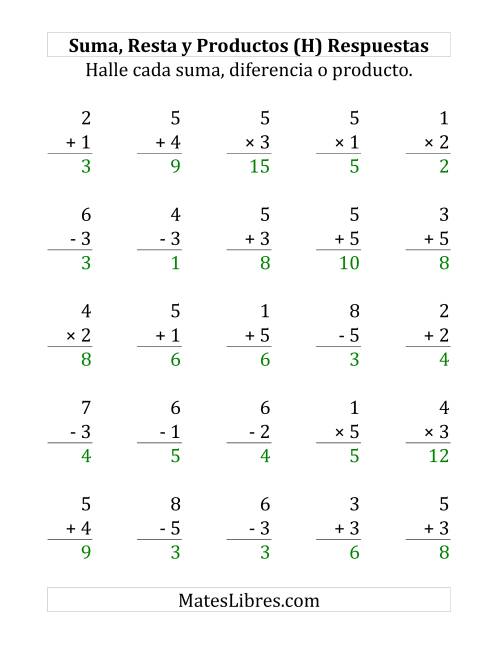 La hoja de ejercicios de 25 Ejercicios de Suma, Resta y Multiplicación (de 1 a 5) (H) Página 2