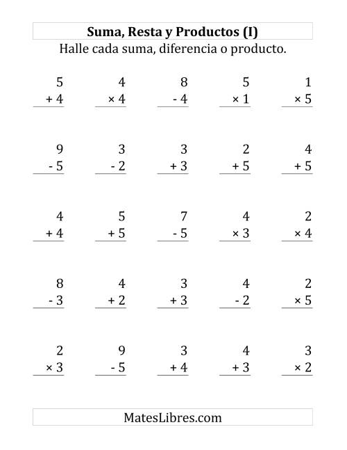 La hoja de ejercicios de 25 Ejercicios de Suma, Resta y Multiplicación (de 1 a 5) (I)
