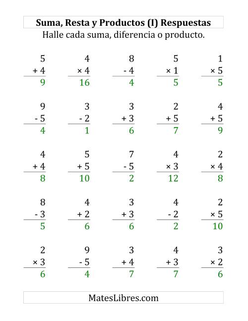 La hoja de ejercicios de 25 Ejercicios de Suma, Resta y Multiplicación (de 1 a 5) (I) Página 2