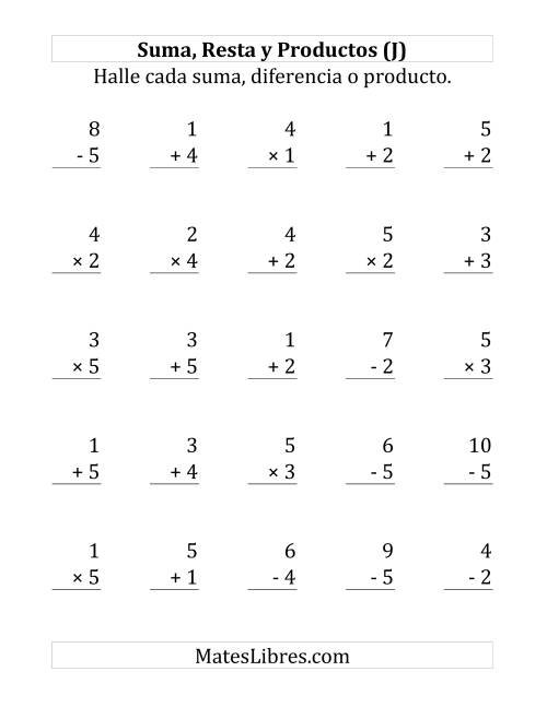 La hoja de ejercicios de 25 Ejercicios de Suma, Resta y Multiplicación (de 1 a 5) (J)