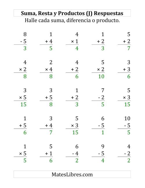 La hoja de ejercicios de 25 Ejercicios de Suma, Resta y Multiplicación (de 1 a 5) (J) Página 2
