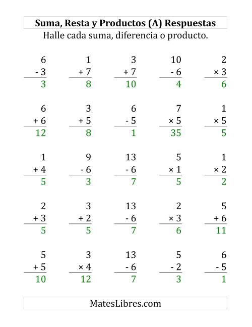 La hoja de ejercicios de 25 Ejercicios de Suma, Resta y Multiplicación (de 1 a 7) (A) Página 2