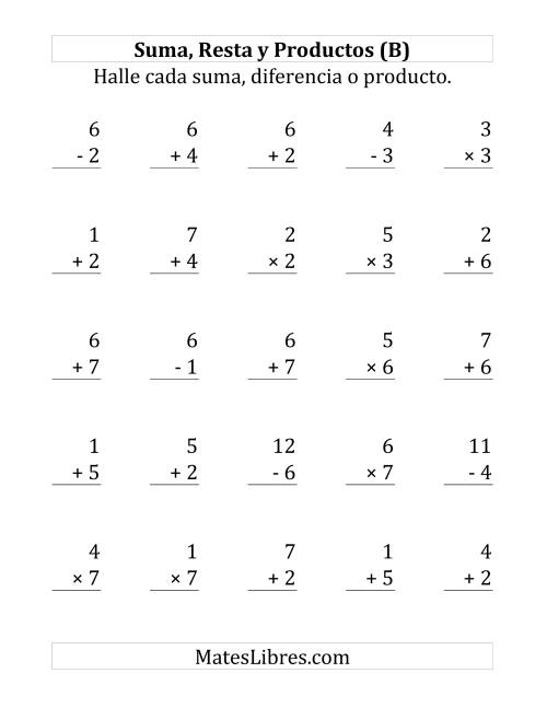 La hoja de ejercicios de 25 Ejercicios de Suma, Resta y Multiplicación (de 1 a 7) (B)