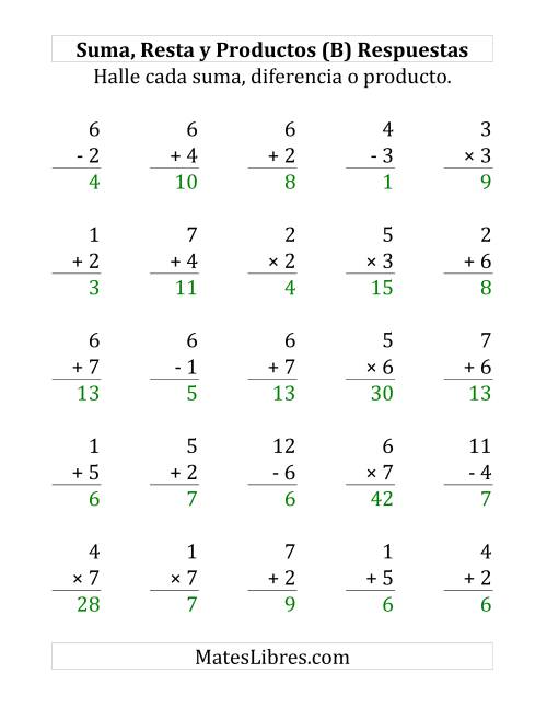 La hoja de ejercicios de 25 Ejercicios de Suma, Resta y Multiplicación (de 1 a 7) (B) Página 2