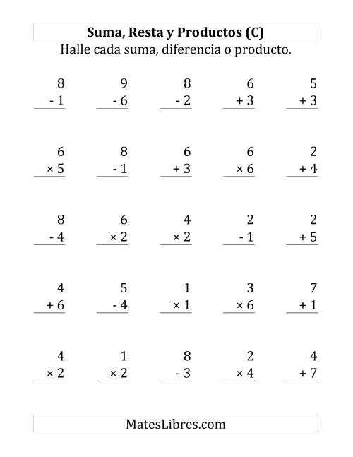 La hoja de ejercicios de 25 Ejercicios de Suma, Resta y Multiplicación (de 1 a 7) (C)