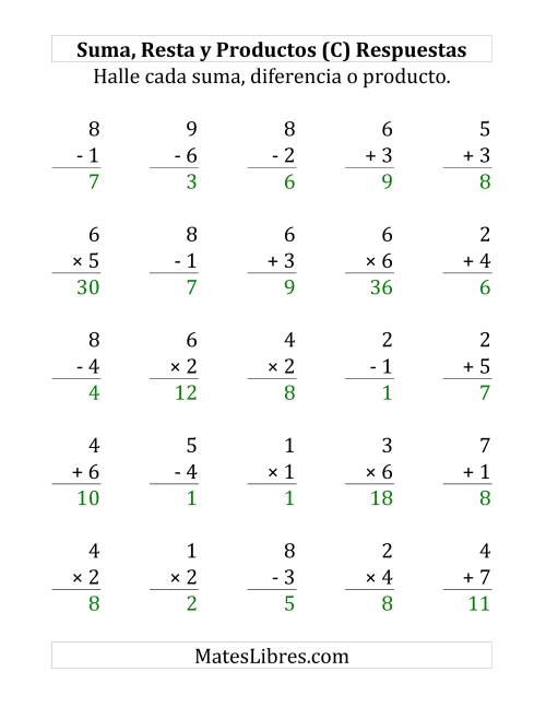La hoja de ejercicios de 25 Ejercicios de Suma, Resta y Multiplicación (de 1 a 7) (C) Página 2