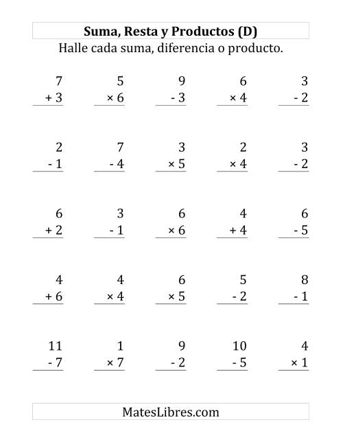 La hoja de ejercicios de 25 Ejercicios de Suma, Resta y Multiplicación (de 1 a 7) (D)