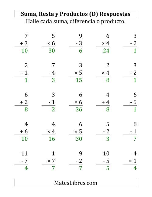 La hoja de ejercicios de 25 Ejercicios de Suma, Resta y Multiplicación (de 1 a 7) (D) Página 2