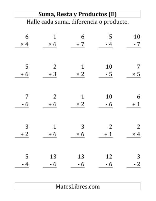 La hoja de ejercicios de 25 Ejercicios de Suma, Resta y Multiplicación (de 1 a 7) (E)