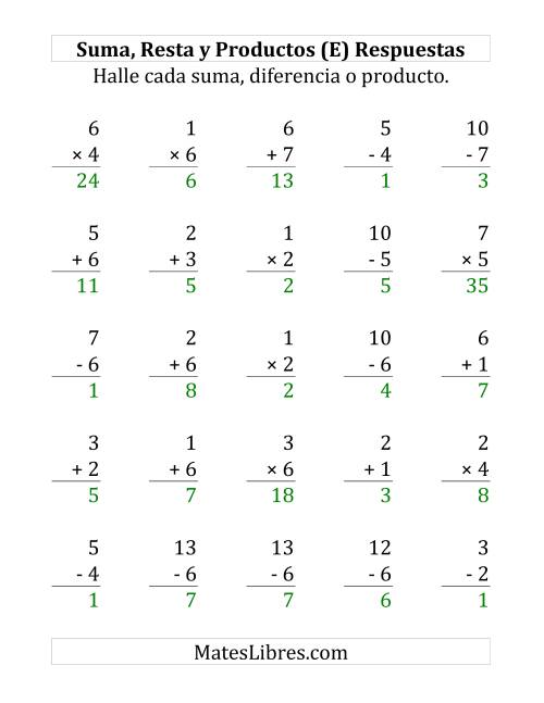 La hoja de ejercicios de 25 Ejercicios de Suma, Resta y Multiplicación (de 1 a 7) (E) Página 2