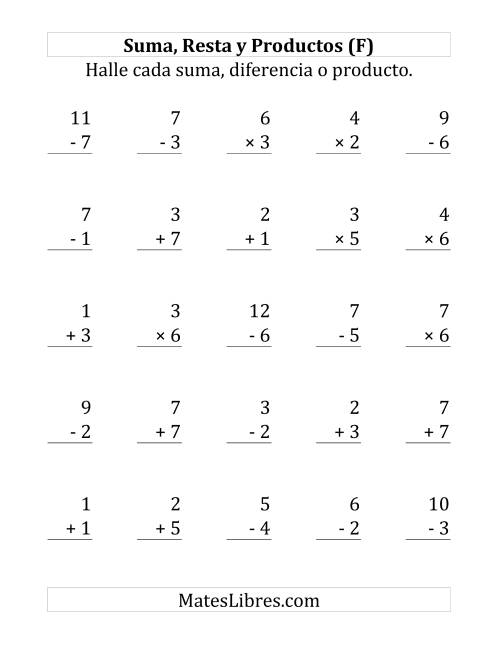 La hoja de ejercicios de 25 Ejercicios de Suma, Resta y Multiplicación (de 1 a 7) (F)