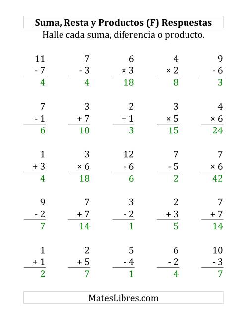 La hoja de ejercicios de 25 Ejercicios de Suma, Resta y Multiplicación (de 1 a 7) (F) Página 2