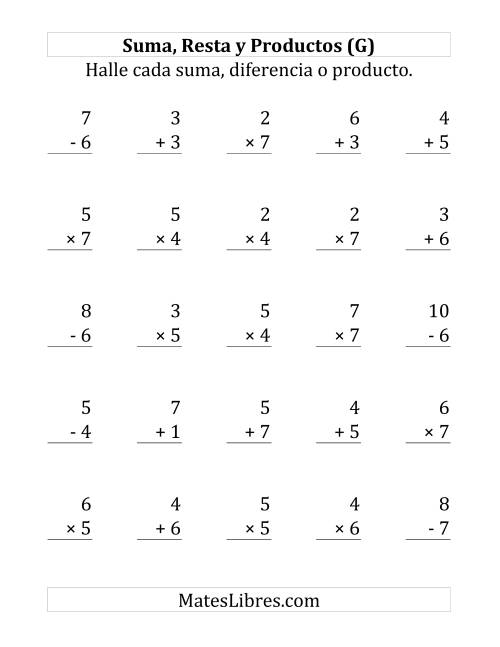 La hoja de ejercicios de 25 Ejercicios de Suma, Resta y Multiplicación (de 1 a 7) (G)