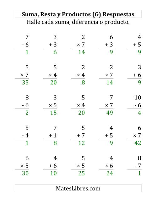 La hoja de ejercicios de 25 Ejercicios de Suma, Resta y Multiplicación (de 1 a 7) (G) Página 2