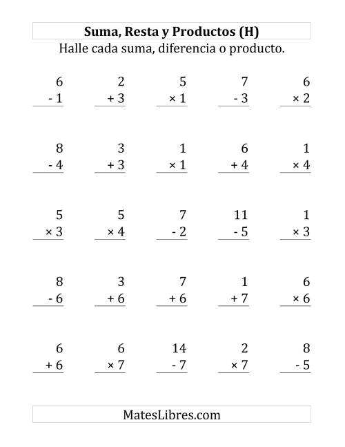 La hoja de ejercicios de 25 Ejercicios de Suma, Resta y Multiplicación (de 1 a 7) (H)