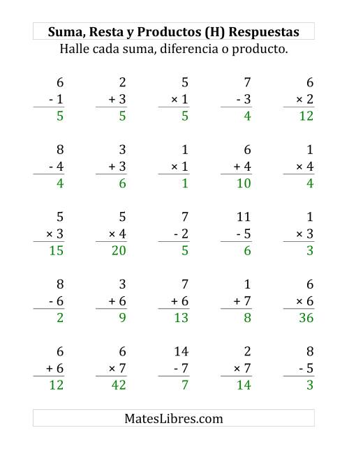 La hoja de ejercicios de 25 Ejercicios de Suma, Resta y Multiplicación (de 1 a 7) (H) Página 2