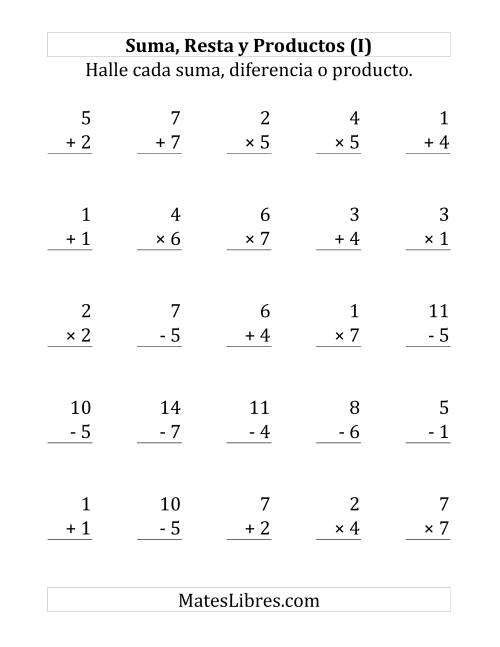 La hoja de ejercicios de 25 Ejercicios de Suma, Resta y Multiplicación (de 1 a 7) (I)