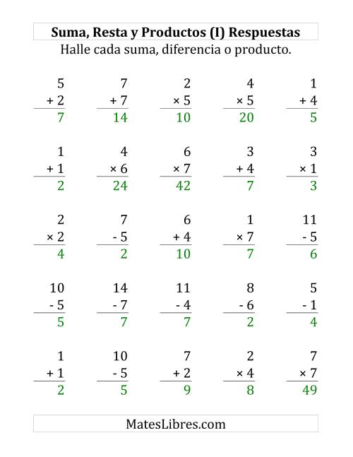 La hoja de ejercicios de 25 Ejercicios de Suma, Resta y Multiplicación (de 1 a 7) (I) Página 2