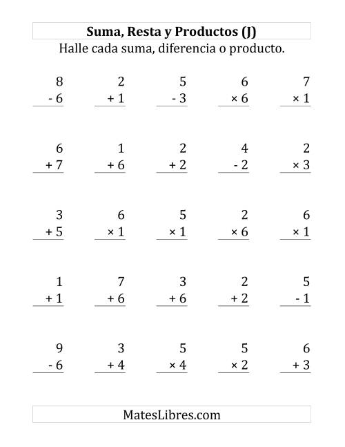 La hoja de ejercicios de 25 Ejercicios de Suma, Resta y Multiplicación (de 1 a 7) (J)