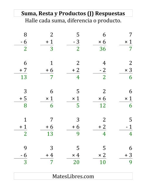 La hoja de ejercicios de 25 Ejercicios de Suma, Resta y Multiplicación (de 1 a 7) (J) Página 2