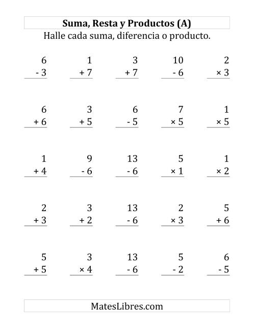 La hoja de ejercicios de 25 Ejercicios de Suma, Resta y Multiplicación (de 1 a 7) (Todas)