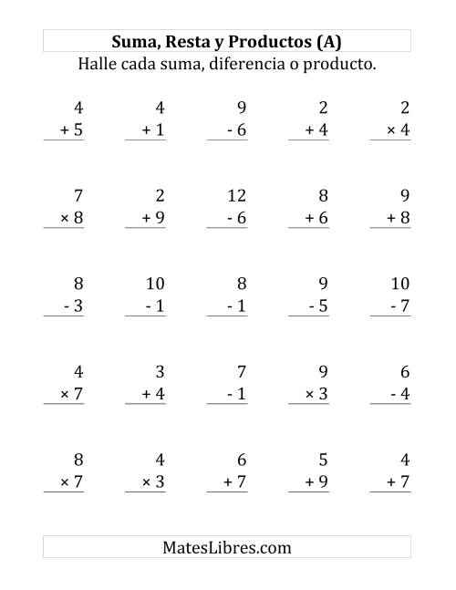 La hoja de ejercicios de 25 Ejercicios de Suma, Resta y Multiplicación (de 1 a 9) (A)