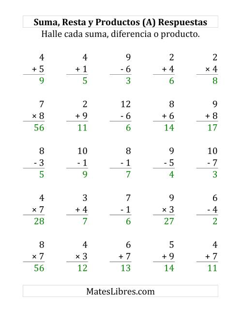 La hoja de ejercicios de 25 Ejercicios de Suma, Resta y Multiplicación (de 1 a 9) (A) Página 2