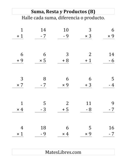 La hoja de ejercicios de 25 Ejercicios de Suma, Resta y Multiplicación (de 1 a 9) (B)