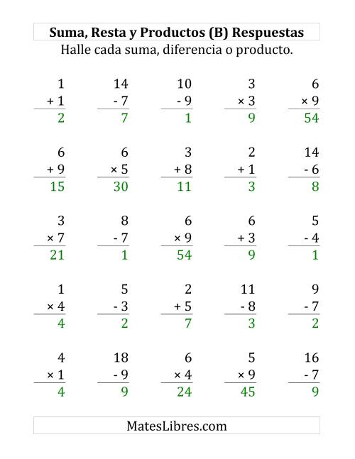 La hoja de ejercicios de 25 Ejercicios de Suma, Resta y Multiplicación (de 1 a 9) (B) Página 2