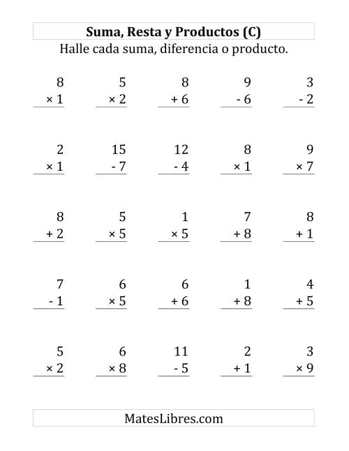 La hoja de ejercicios de 25 Ejercicios de Suma, Resta y Multiplicación (de 1 a 9) (C)