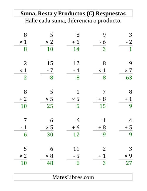 La hoja de ejercicios de 25 Ejercicios de Suma, Resta y Multiplicación (de 1 a 9) (C) Página 2
