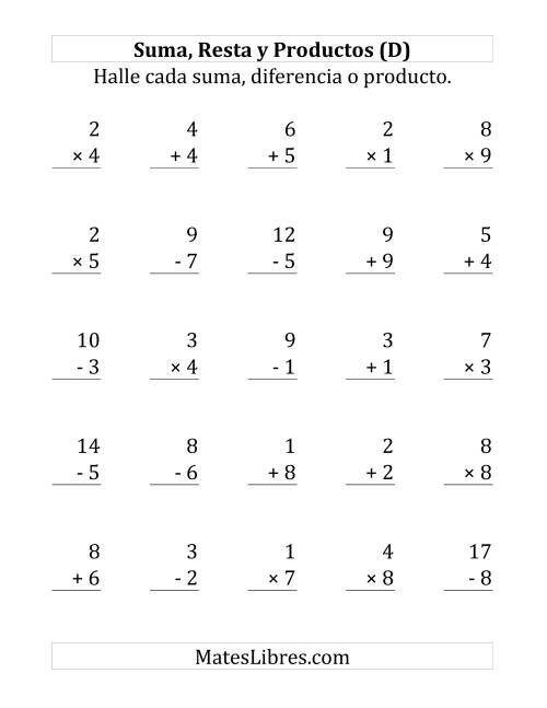 La hoja de ejercicios de 25 Ejercicios de Suma, Resta y Multiplicación (de 1 a 9) (D)