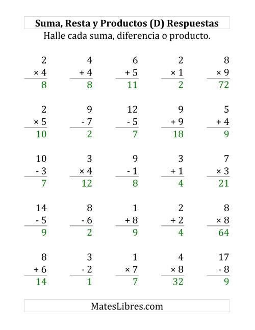 La hoja de ejercicios de 25 Ejercicios de Suma, Resta y Multiplicación (de 1 a 9) (D) Página 2