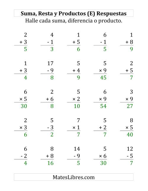 La hoja de ejercicios de 25 Ejercicios de Suma, Resta y Multiplicación (de 1 a 9) (E) Página 2