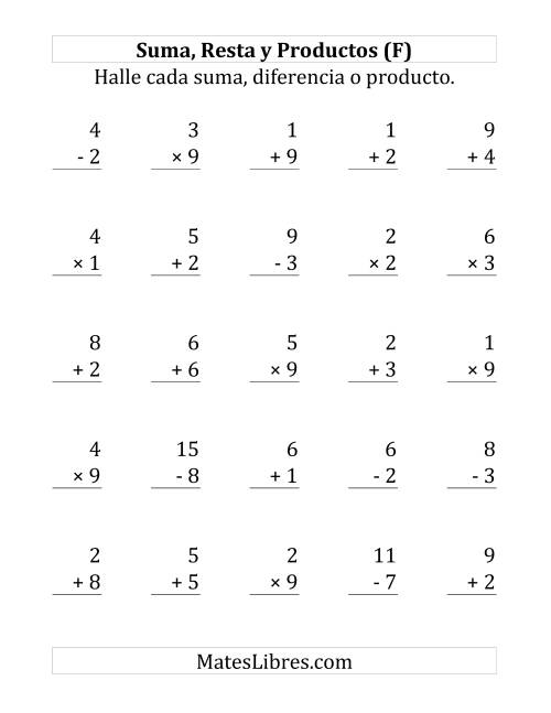La hoja de ejercicios de 25 Ejercicios de Suma, Resta y Multiplicación (de 1 a 9) (F)