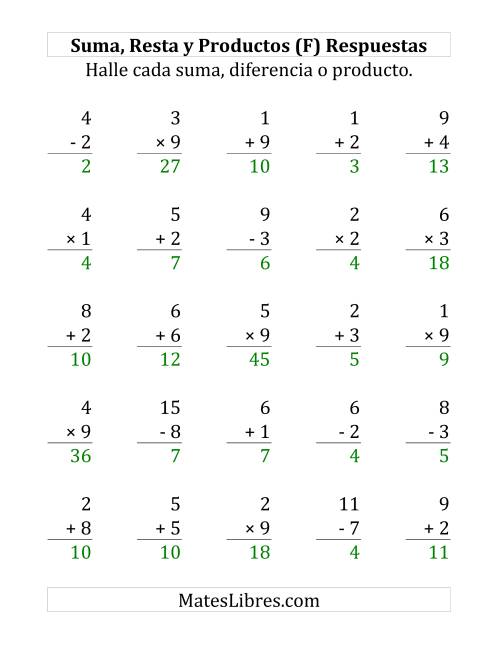 La hoja de ejercicios de 25 Ejercicios de Suma, Resta y Multiplicación (de 1 a 9) (F) Página 2