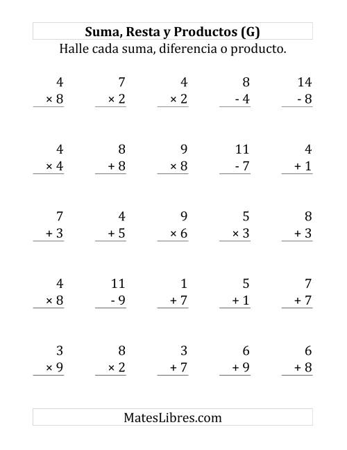 La hoja de ejercicios de 25 Ejercicios de Suma, Resta y Multiplicación (de 1 a 9) (G)